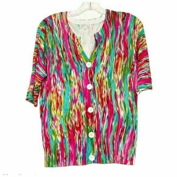 JOSEPH A short sleeve Button Front cardigan tropical pink green sz m - Picture 2 of 9
